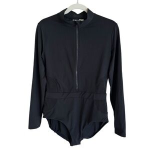 New Calia Paddle Suit Swimsuit Long Sleeve Black Front Zip Rashguard NWOT Sz 12